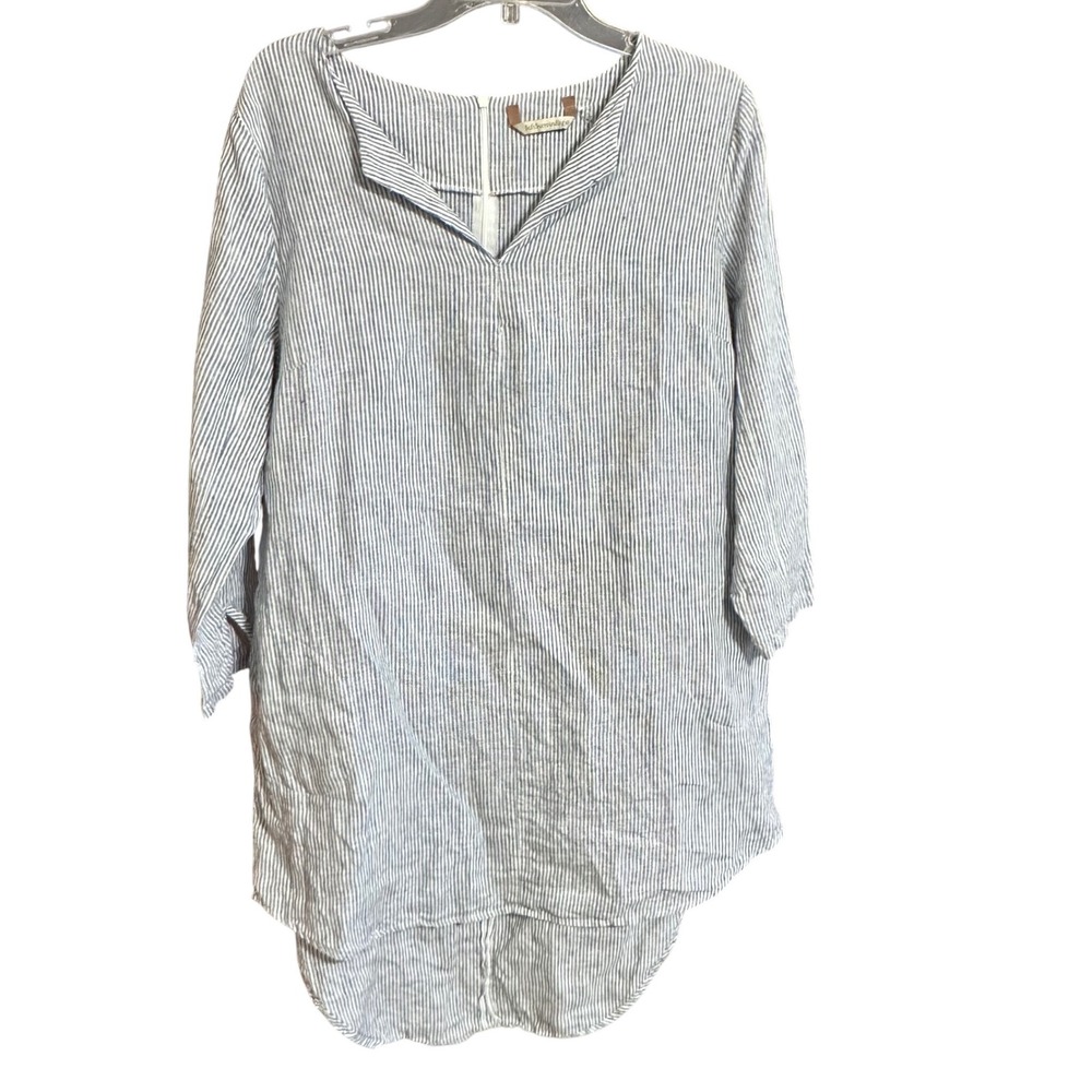 Soft Surroundings‎ Linen Striped Dress L Blue White V Neck Coastal Travel